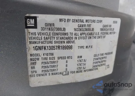 2007 Chevrolet Tahoe Lt из США, поврежденный, VIN 1GNFK13057R189098